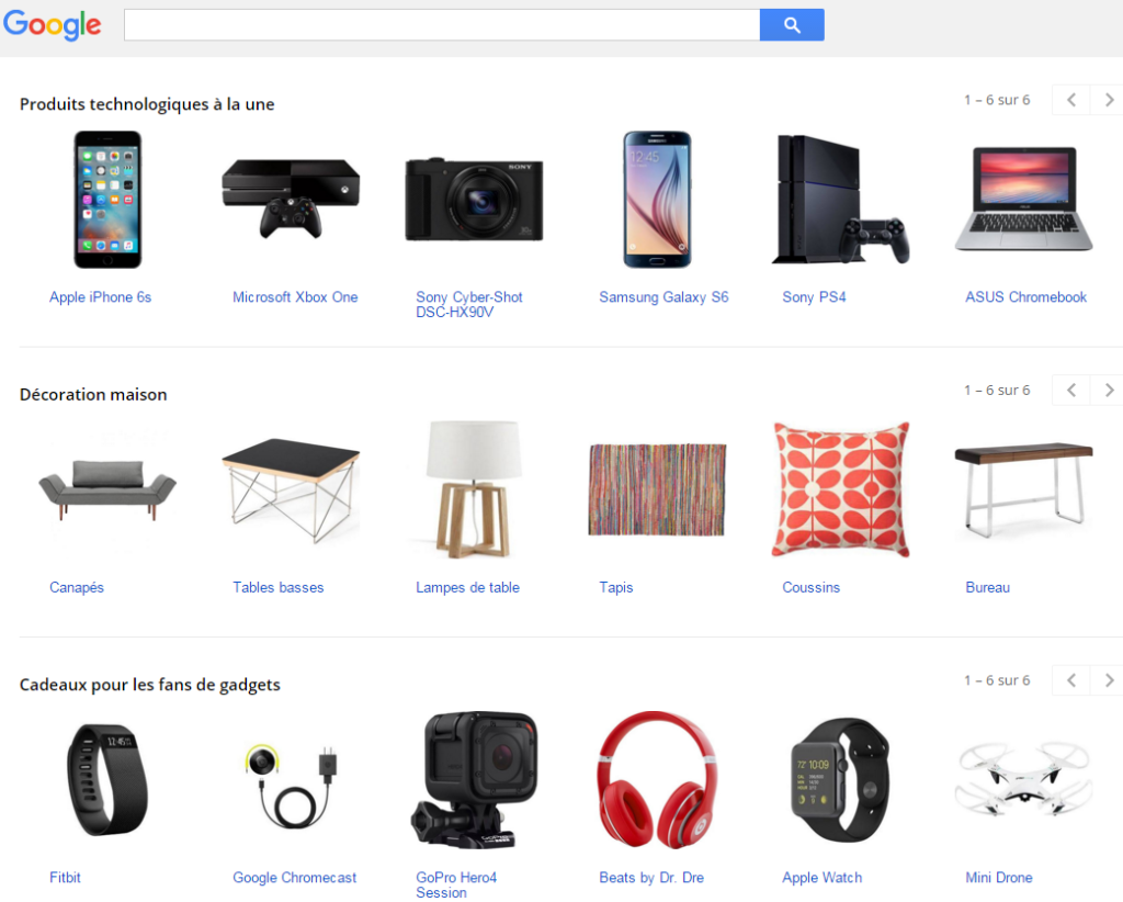 Exemple de présentation Google Shopping